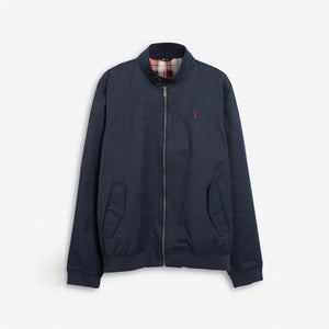 Navy Shower Resistant Harrington Jacket With Check Lining