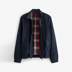 Navy Shower Resistant Harrington Jacket With Check Lining