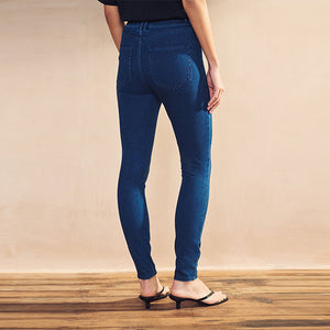 Dark Blue Fly Fasten Jersey Denim Leggings