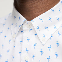 Load image into Gallery viewer, Navy Blue/Pink Flamingo Easy Iron Button Down Short Sleeve Oxford Shirt
