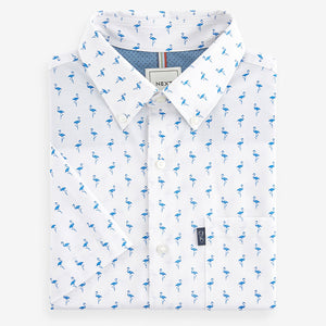 Navy Blue/Pink Flamingo Easy Iron Button Down Short Sleeve Oxford Shirt