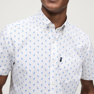 Navy Blue/Pink Flamingo Easy Iron Button Down Short Sleeve Oxford Shirt