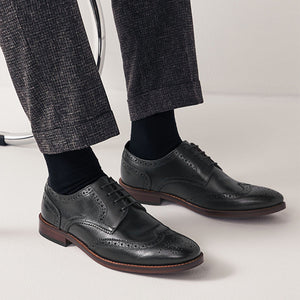 Black Regular Fit Leather Contrast Sole Brogue Shoes