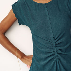 Teal Blue Textured Ruched Front Mini Dress