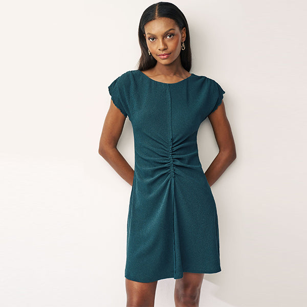 Teal Blue Textured Ruched Front Mini Dress