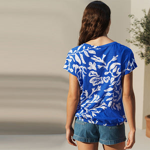 Blue/White Print V-Neck 100% Cotton Bubble Hem Top