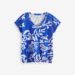 Blue/White Print V-Neck 100% Cotton Bubble Hem Top