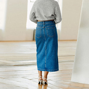 Mid Blue Denim Split Midi Skirt