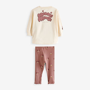 Ecru White Disney Minnie Mouse And Daisy Sequin Long Sleeve 100% Cotton T-Shirt And Leggings Set (9mths-6yrs)