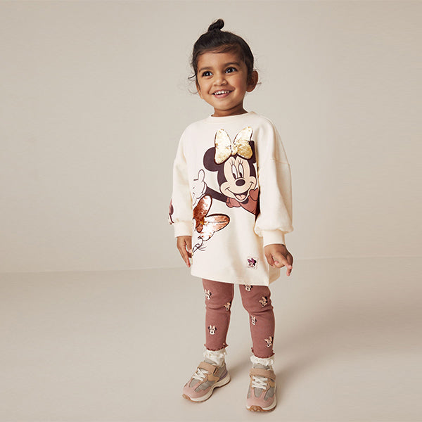 Ecru White Disney Minnie Mouse And Daisy Sequin Long Sleeve 100% Cotton T-Shirt And Leggings Set (9mths-6yrs)