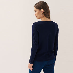 Blue Navy 100% Cotton Long Sleeve Crew Neck Top