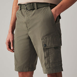 Khaki Green Belted Cargo Shorts