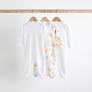 White Animals Baby Delicate Appliqué 100% Cotton Sleepsuits 3 Pack (0-18mths)