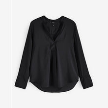 Load image into Gallery viewer, Black Long Sleeve Textured Overhead V-Neck Blouse
