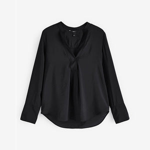 Black Long Sleeve Textured Overhead V-Neck Blouse