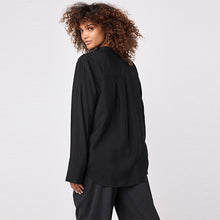 Load image into Gallery viewer, Black Long Sleeve Textured Overhead V-Neck Blouse
