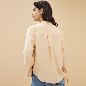 Cream Long Sleeve Textured Overhead V-Neck Blouse