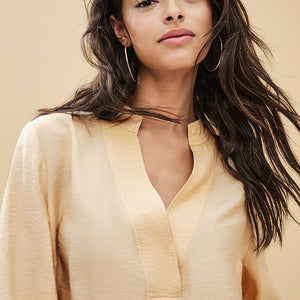 Cream Long Sleeve Textured Overhead V-Neck Blouse