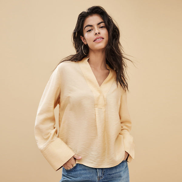 Cream Long Sleeve Textured Overhead V-Neck Blouse