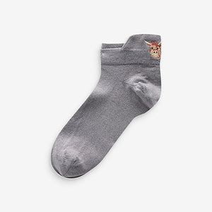 Neutral / Hamish the Highland Cow Embroidered Motif Trainers Socks 4 Pack