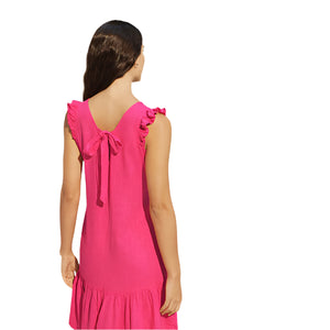 Pink Ruffle Sleeve V-Neck Linen Blend Summer Dress