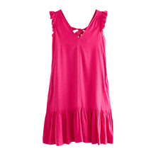 Load image into Gallery viewer, Pink Ruffle Sleeve V-Neck Linen Blend Summer Dress
