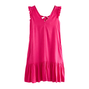 Pink Ruffle Sleeve V-Neck Linen Blend Summer Dress