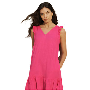 Pink Ruffle Sleeve V-Neck Linen Blend Summer Dress