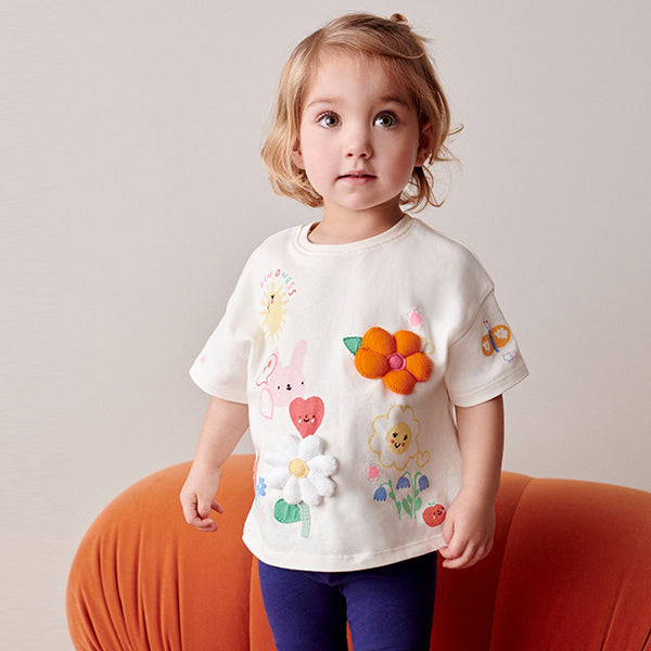 White Flower Short Sleeve Padded Applique 100% Cotton T-Shirt (3mths-5-6yrs)