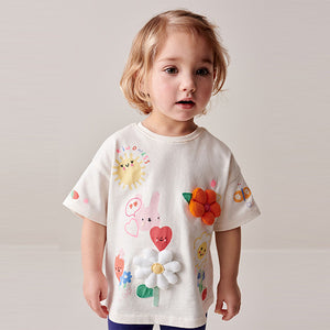 White Flower Short Sleeve Padded Applique 100% Cotton T-Shirt (3mths-5-6yrs)