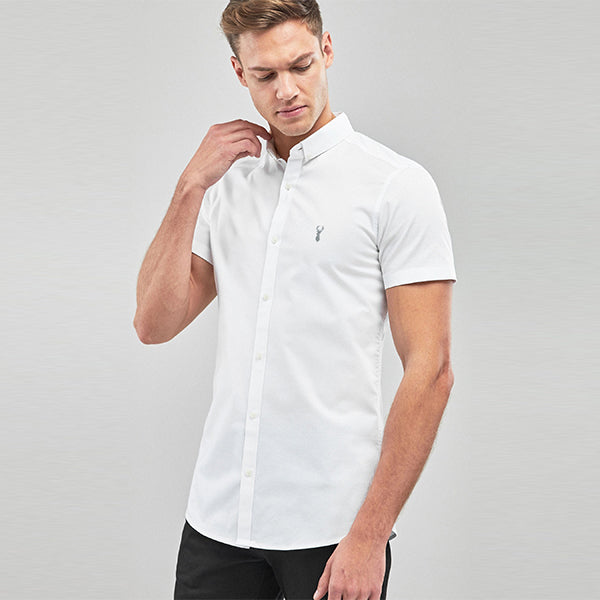 White Slim Fit Short Sleeve Stretch Oxford Shirt