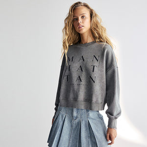 Charcoal Grey Manhattan New York Slogan Washed City Graphic Sweatshirt Jumper
