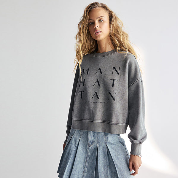 Charcoal Grey Manhattan New York Slogan Washed City Graphic Sweatshirt Jumper