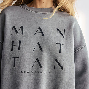 Charcoal Grey Manhattan New York Slogan Washed City Graphic Sweatshirt Jumper