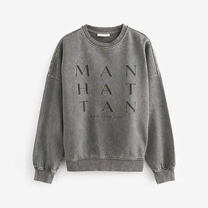 Charcoal Grey Manhattan New York Slogan Washed City Graphic Sweatshirt Jumper