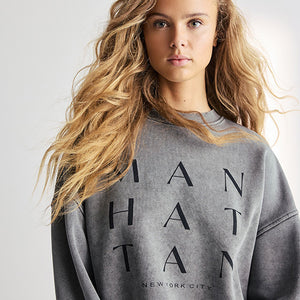 Charcoal Grey Manhattan New York Slogan Washed City Graphic Sweatshirt Jumper