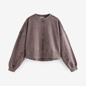 Faded Purple Washed Exposed Seam Crew Neck 100% Cotton Sweatshirt