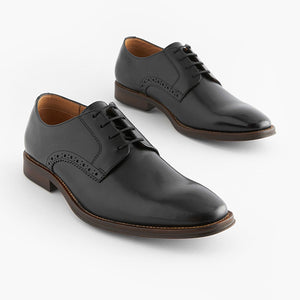 Black Regular Fit Leather Contrast Sole Derby Shoes