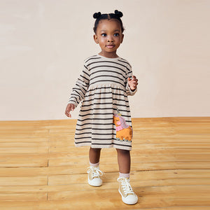 Black/White 100% Cotton Long Sleeve Jersey Dress (3mths-6yrs)