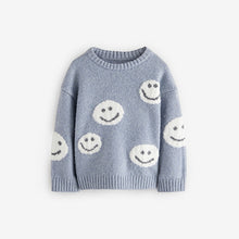 Load image into Gallery viewer, Grey/Blue Happy Faces Crew Neck Jumper (3mths-5yrs)
