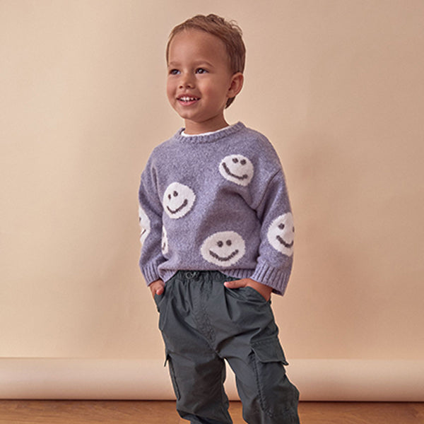 Grey/Blue Happy Faces Crew Neck Jumper (3mths-5yrs)