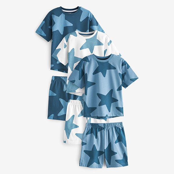 Navy Blue/White Stars 100% Cotton Short Pyjamas 3 Pack