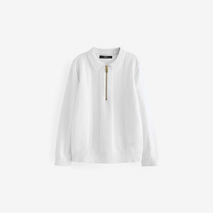 White Quarter Zip 100% Cotton Long Sleeve Knitted Polo Shirt