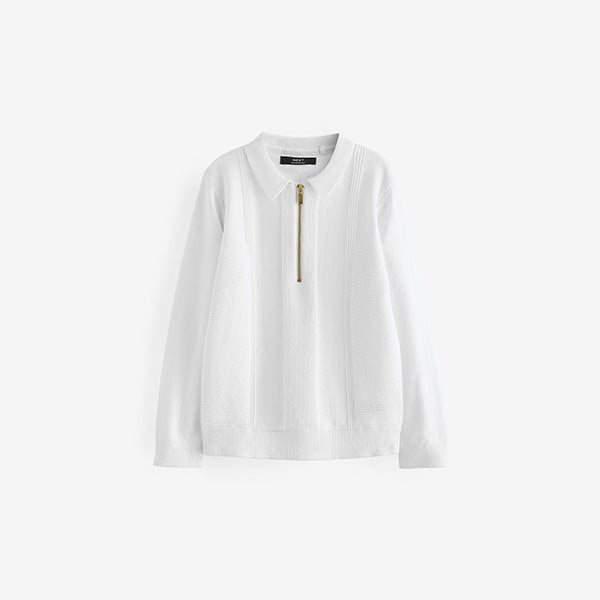 White Quarter Zip 100% Cotton Long Sleeve Knitted Polo Shirt