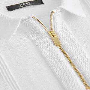 White Quarter Zip 100% Cotton Long Sleeve Knitted Polo Shirt