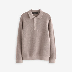 Natural Long Sleeve 100% Cotton Textured Polo Shirt (3-12yrs)