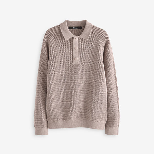Natural Long Sleeve 100% Cotton Textured Polo Shirt (3-12yrs)