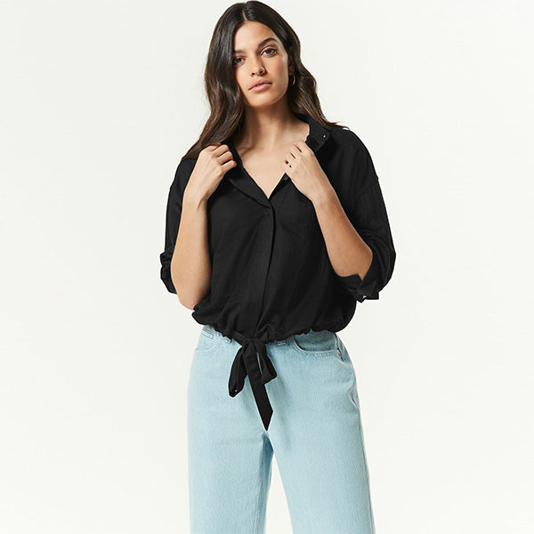 Black Relaxed Fit Drawstring Hem Shirt