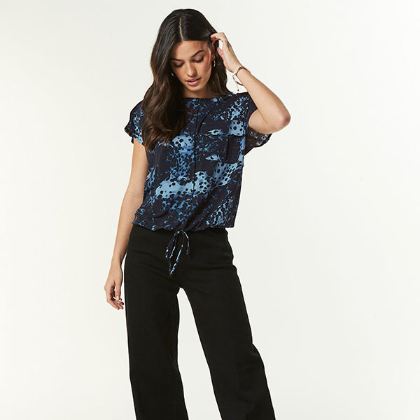 Navy Spot Print Short Sleeve Utility Drawcord Hem Pocket T-Shirt