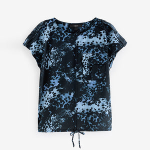 Navy Spot Print Short Sleeve Utility Drawcord Hem Pocket T-Shirt